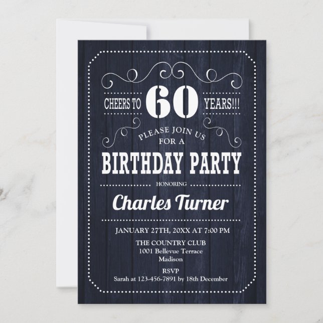60th Birthday Party - Navy Wood Pattern Invitation (Front)