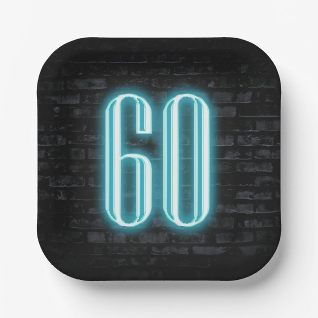 60th Birthday Party Neon Sign on Brick  Paper Plate (Front)