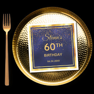 60th birthday party on midnight blue gold confetti napkin
