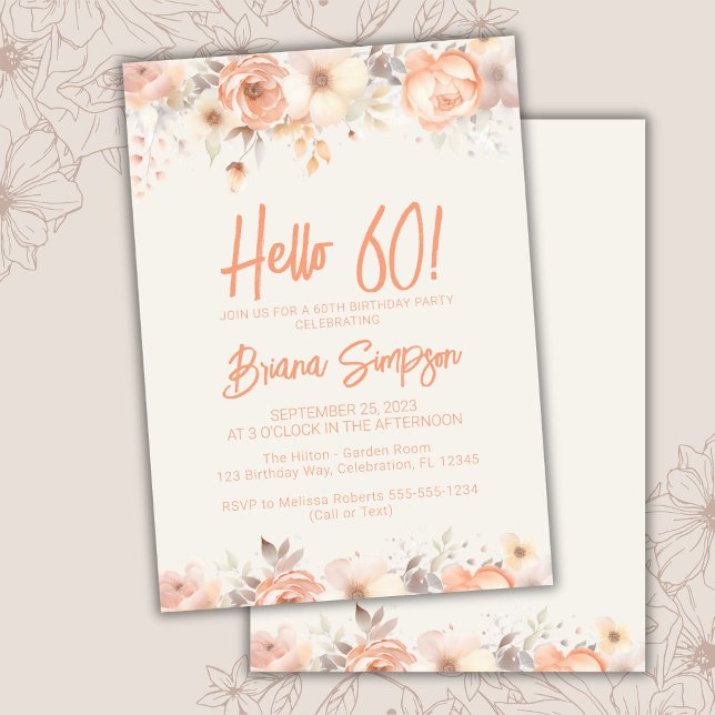 60th Birthday Party Peach Beige Ivory Floral Invitation (Creator Uploaded)