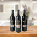 60th birthday party photo black gold cheers script wine label<br><div class="desc">A bottle label for a glamourous 60th birthday party. Personalise and add 3 of your own photos, age 60 and a date. Date of birth or the date of the party. Golden coloured letters. The word: Cheers, in faux gold written with a trendy hand lettered style script. Elegant, classic chic...</div>