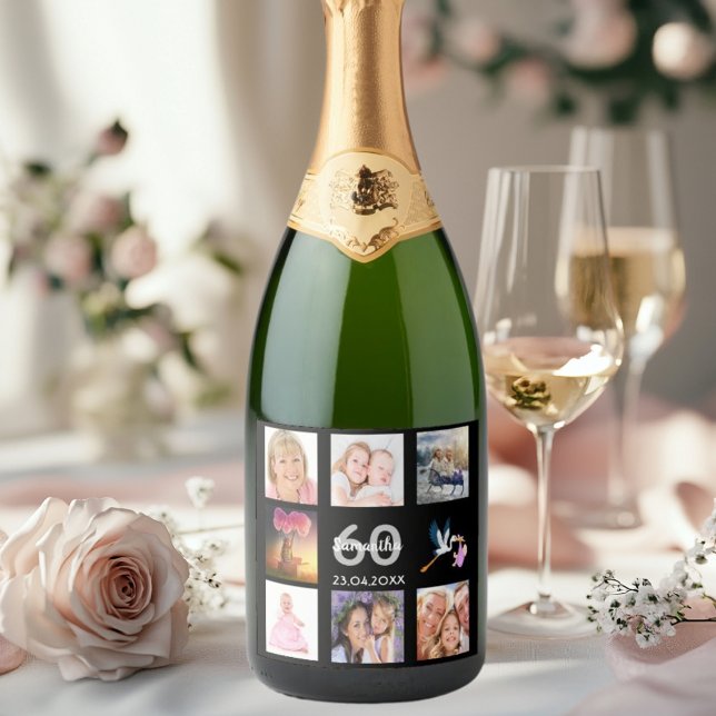 60th birthday party photo collage black sparkling wine label (Creator Uploaded)