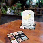 60th birthday party photo collage black square paper coaster<br><div class="desc">A party coaster for a girly 60th birthday party,  celebrating her life with a collage of 8 of your photos.  Templates for a name,  age 60 and a date.  Date of birth or the date of the party.  White and grey coloured letters.  Elegant black background.</div>