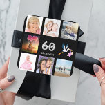 60th birthday party photo collage black square sticker<br><div class="desc">A sticker for a girly 60th birthday party,  celebrating her life with a collage of 8 of your photos.  Templates for a name,  age 60 and a date.  Date of birth or the date of the party.  White and grey coloured letters.  Elegant black background.</div>