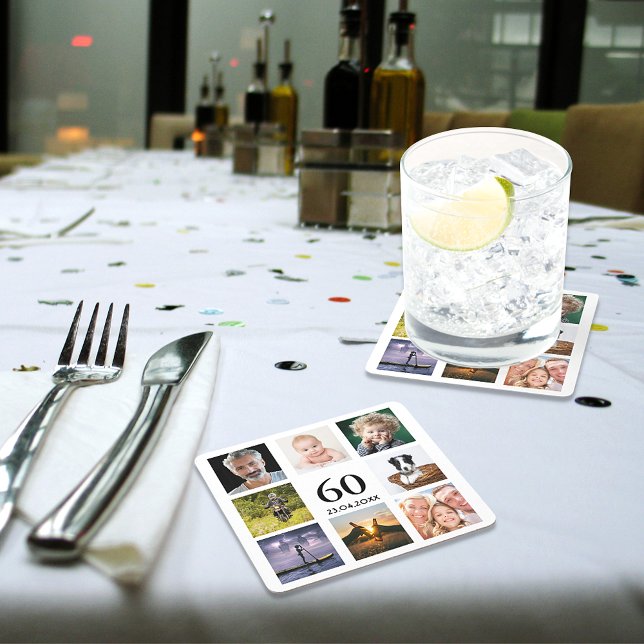 60th birthday party photo collage guy men square paper coaster (Creator Uploaded)