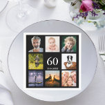 60th birthday party photo collage guys black napkin<br><div class="desc">A paper napkin for a 60th birthday party for a guy,  celebrating his life with a collage of 8 of your own photos.  Templates for the age 60 and a date.  Date of birth or the date of the party.  White coloured letters.  Black background.</div>