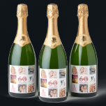 60th birthday party photo collage monogram sparkling wine label<br><div class="desc">A bottle label for a 60th birthday party,  celebrating her life with a collage of 8 of your photos.  Templates for a name,  age 60 and a date.  Date of birth or the date of the party.  Coral and burgundy colored letters.  White background.</div>