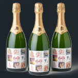 60th birthday party photo collage monogram sparkling wine label<br><div class="desc">A bottle label for a 60th birthday party,  celebrating her life with a collage of 8 of your photos.  Templates for a name,  age 60 and a date.  Date of birth or the date of the party.  Coral and burgundy colored letters.  White background.</div>