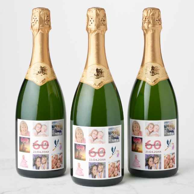 60th birthday party photo collage monogram sparkling wine label (Bottles)