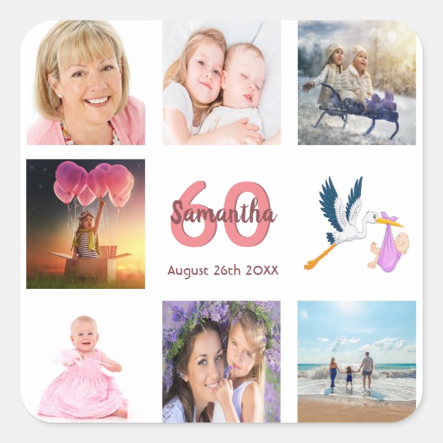 60th birthday party photo collage square sticker (Front)
