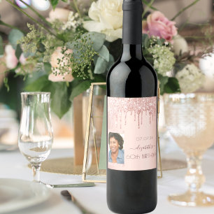 60th birthday party photo rose gold glitter drips wine label