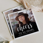 60th Birthday Party Photo White Script Cheers Napkin<br><div class="desc">This custom 60th birthday napkin features the guest of honour's personalised photo,  name,  and birthday,  along with the word "Cheers" in elegant white calligraphy script. A dark screen helps make the text pop. A great way to celebrate someone who's turning sixty!</div>