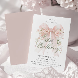 60th Birthday Party Pink Coquette Bow Rose Floral Invitation