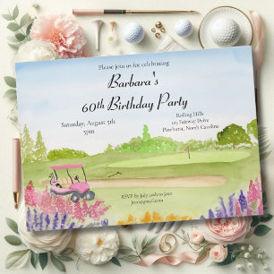 60th Birthday Party Pink Golf Cart Golf Course Invitation