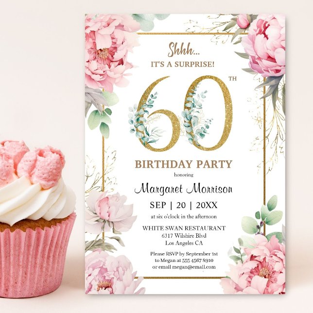 60th Birthday Party Pink Peony Elegant Floral Invitation (Creator Uploaded)