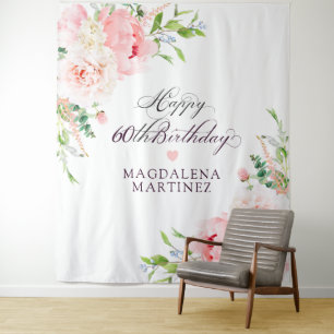 60th Birthday Party Pink Peony Floral Custom  Tapestry