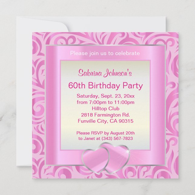 60th Birthday Party | Pink, Silver & White Verder Invitation (Back)