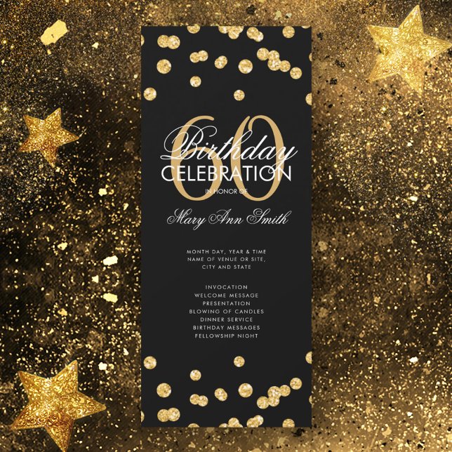 60th Birthday Party Program Gold Glitter w/ Menu (Creator Uploaded)