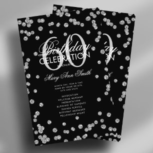 60th Birthday Party Program Silver Glitter w/ Menu