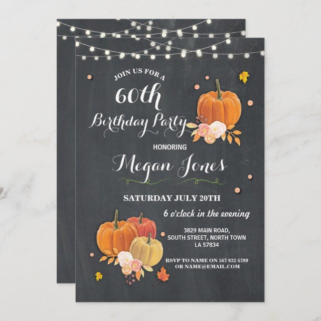60th Birthday Party Pumpkin Rustic Chalk Invite 40 (Front/Back)