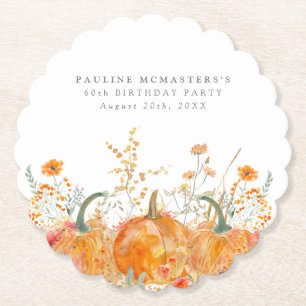 60th Birthday Party Pumpkin Wildflower Custom Paper Coaster