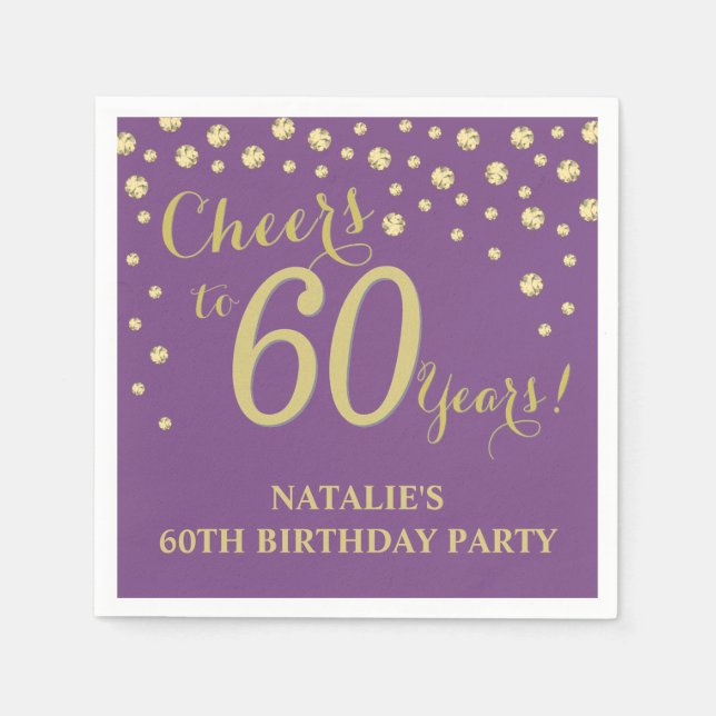 60th Birthday Party Purple and Gold Diamond Napkin (Front)