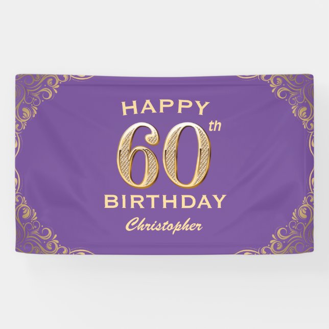60th Birthday Party Purple and Gold Glitter Frame Banner (Horizontal)