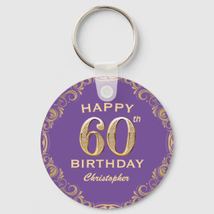 60th Birthday Party Purple and Gold Glitter Frame Key Ring