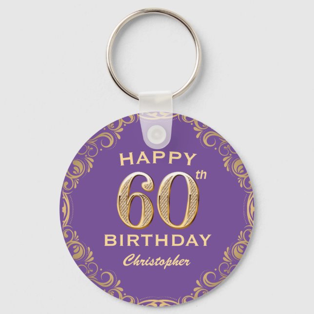 60th Birthday Party Purple and Gold Glitter Frame Key Ring (Front)