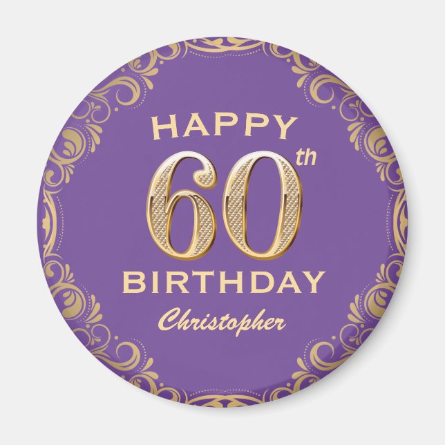 60th Birthday Party Purple and Gold Glitter Frame Magnet (Front)