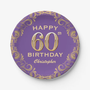 60th Birthday Party Purple and Gold Glitter Frame Paper Plate