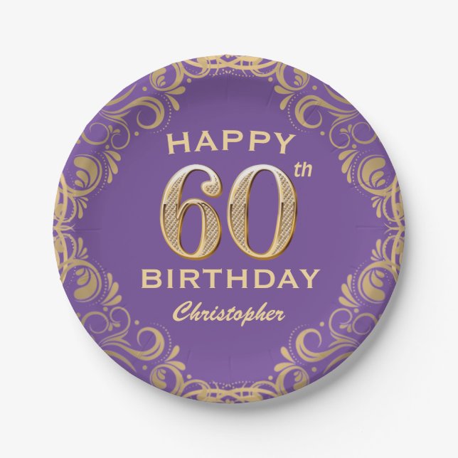 60th Birthday Party Purple and Gold Glitter Frame Paper Plate (Front)