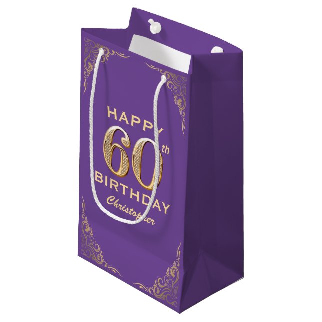 60th Birthday Party Purple and Gold Glitter Frame Small Gift Bag (Front Angled)