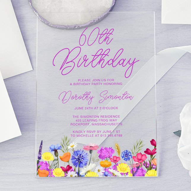 60th Birthday Party Purple Boho Wildflower Acrylic Invitations (Creator Uploaded)