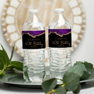 60th Birthday Party Purple Gold Agate  Water Bottle Label