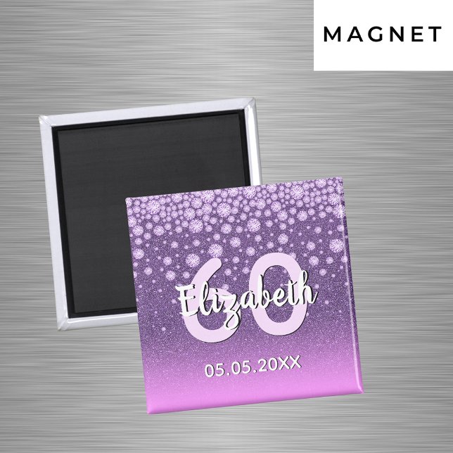 60th birthday party purple pink glitter name magnet (Creator Uploaded)