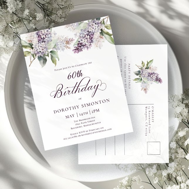60th Birthday Party Purple Spring Lilac Flower Invitation Postcard (Creator Uploaded)