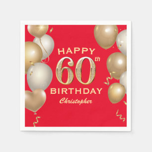 60th Birthday Party Red and Gold Balloons Napkin