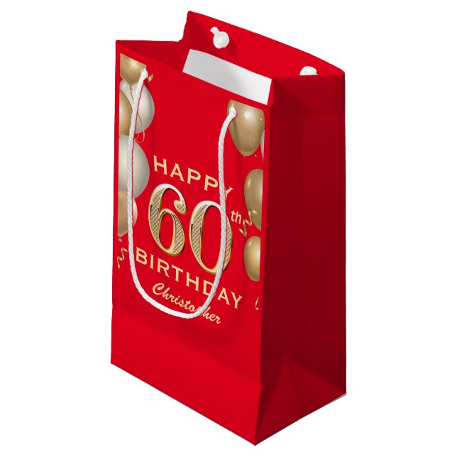 60th Birthday Party Red and Gold Balloons Small Gift Bag (Front Angled)