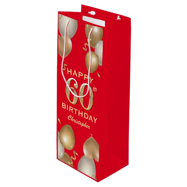 60th Birthday Party Red and Gold Balloons Wine Gift Bag (Front Angled)
