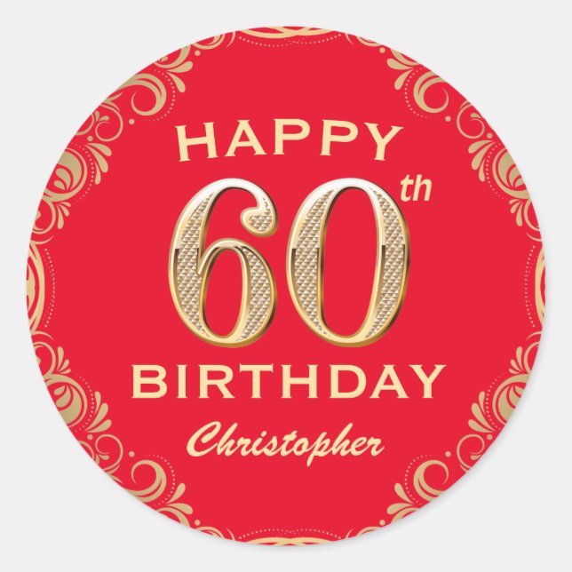 60th Birthday Party Red and Gold Glitter Frame Classic Round Sticker (Front)