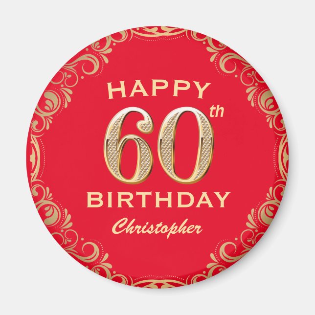 60th Birthday Party Red and Gold Glitter Frame Magnet (Front)