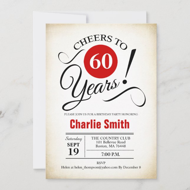 60th Birthday Party -  Red Black White Invitation (Front)