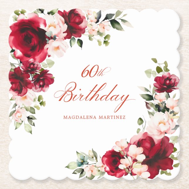 60th Birthday Party Red Pink Floral Custom Paper Coaster (Front)
