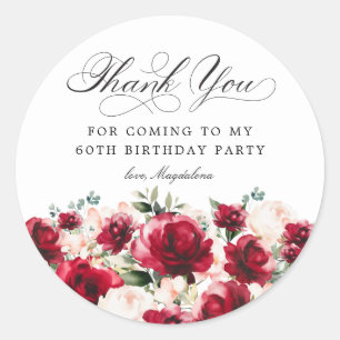 60th Birthday Party Red Pink Floral Thank You Classic Round Sticker