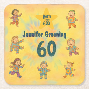 60th birthday party Retro born in the 60's Hippy Square Paper Coaster