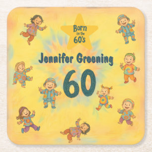 60th birthday party Retro born in the 60's Hippy Square Paper Coaster