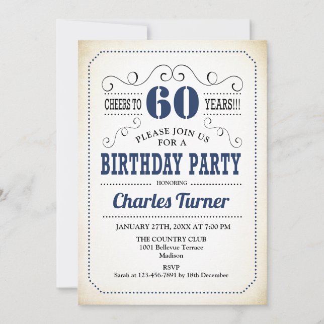 60th Birthday Party - Retro Creamy White and Navy Invitation (Front)