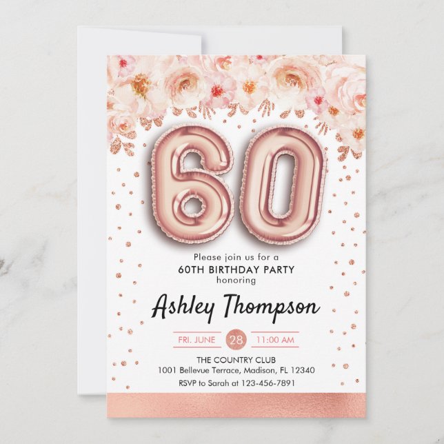 60th Birthday Party - Rose Gold Balloons Invitation (Front)