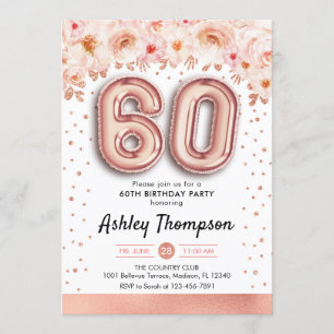 60th Birthday Party - Rose Gold Balloons Invitation